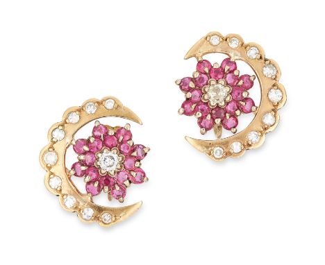 RUBY AND DIAMOND CRESCENT MOON EARRINGS set with round cut rubies and diamonds, 1.9cm, 5.4g.