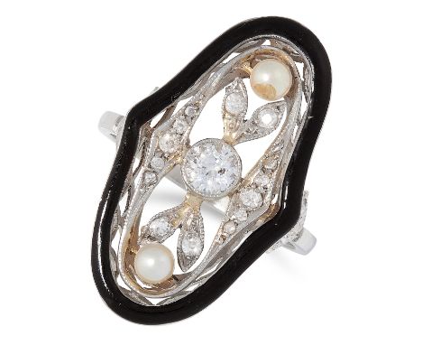 PEARL, DIAMOND AND ENAMEL RING the open framework is set with round cut diamonds, pearls and black enamel border, size N / 6.