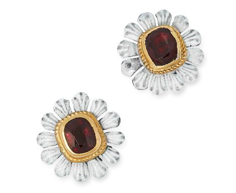 ANTIQUE GARNET AND ENAMEL FLOWER EARRINGS each set with a cushion cut garnet in a border of white enamel, 1.1cm, 2.8g.