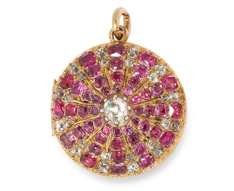 ANTIQUE RUBY AND DIAMOND MOURNING HAIRWORK PENDANT / LOCKET set with cushion cut rubies and old cut diamonds, with hairwork l
