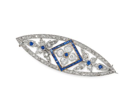 SAPPHIRE AND DIAMOND BROOCH in foliate design set with step and round cut sapphires and round and rose cut diamonds, 5.5cm, 7