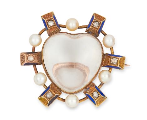 ANTIQUE PEARL, DIAMOND AND ENAMEL BROOCH set with a heart shaped rock crystal cabochon in a border of seed pearls, rose cut d