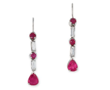 RUBY AND DIAMOND EARRINGS each set with alternating round and pear cut rubies and baguette cut diamonds, 3.3cm, 3.2g.