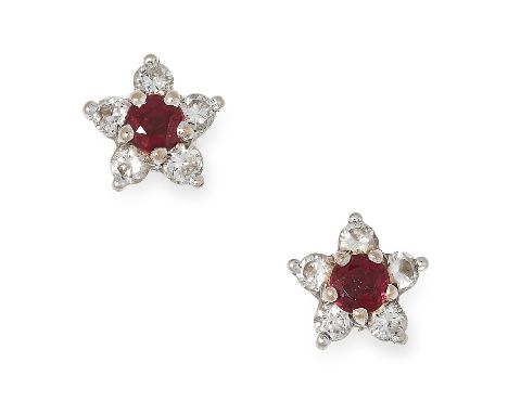 RUBY AND DIAMOND CLUSTER EARRINGS, MAPPIN &amp; WEBB set with round cut rubies and diamonds, 1.6g.