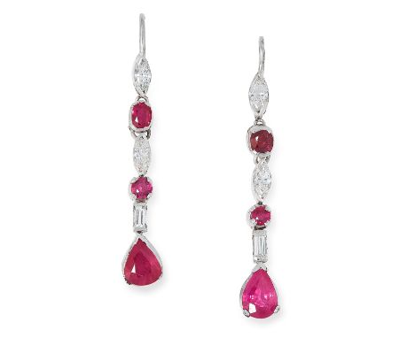 BURMA RUBY AND DIAMOND DROP EARRINGS set with alternating round and pear cut rubies and marquise and baguette cut diamonds, 3