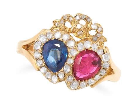 SAPPHIRE, RUBY AND DIAMOND SWEETHEART RING set with a cushion cut sapphire and ruby in a border of rose cut diamonds, size M 