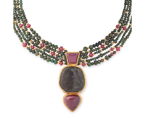 A VINTAGE RUBY AND TOURMALINE  BEAD NECKLACE, EILEEN COYNE suspending a pendant set with polished tourmaline and ruby on five