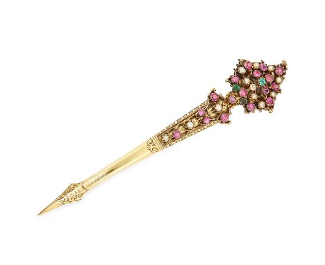 ANTIQUE RUBY, EMERALD AND PEARL BROOCH set with round cut rubies, emeralds and pearls, 10.7cm, 16.0g.