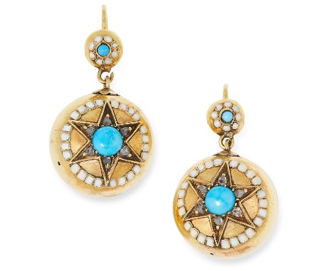 ANTIQUE TURQUOISE, ENAMEL AND DIAMOND EARRINGS set with cabochon turquoise, rose cut diamonds and white enamel, 2.9cm, 5.4g.