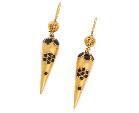 ANTIQUE VICTORIAN ENAMEL EARRINGS in Etruscan revival form set with black enamel, 4.9cm, 4.2g.