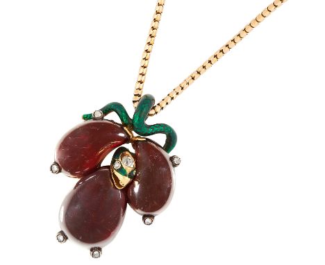ANTIQUE VICTORIAN GARNET, DIAMOND AND ENAMEL SNAKE PENDANT set with cabochon garnet, old and rose cut diamonds, and green ena