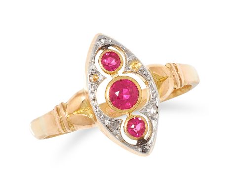 RUBY AND DIAMOND RING the marquise face is set with round cut rubies and rose cut diamonds, size O / 7, 2.4g.