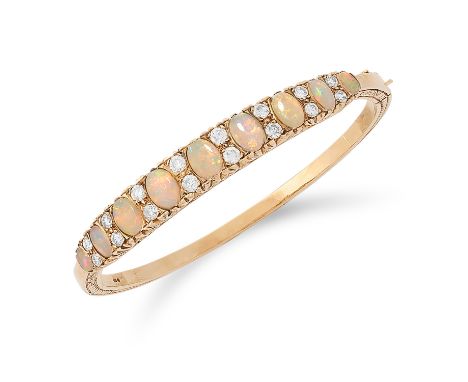 ANTIQUE DIAMOND AND OPAL BANGLE set with alternating cabochon opals and round cut diamonds, 6cm inner diameter, 15.4g.