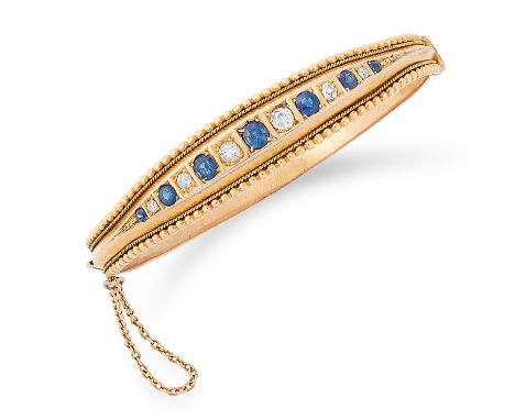 ANTIQUE SAPPHIRE AND DIAMOND BANGLE set with alternating round cut sapphires and old cut diamonds, 6cm inner diameter, 12.8g.