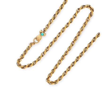 ANTIQUE GUARD CHAIN the hand clasp set with turquoise and a ruby, 78.5cm, 25.3g. 