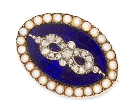 ANTIQUE PEARL, DIAMOND AND ENAMEL BROOCH set with blue enamel, seed pearls and rose cut diamonds, 3.5cm, 11.5g.