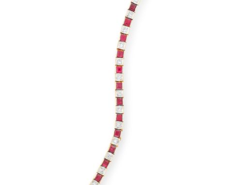 RUBY AND DIAMOND LINE BRACELET comprising of alternating square cut rubies and round cut diamonds, 18cm, 15.3g.