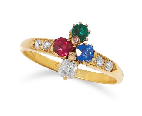 GEMSET RING set with round cut ruby, sapphire, emerald and old cut diamonds, size N / 7, 2.5g.