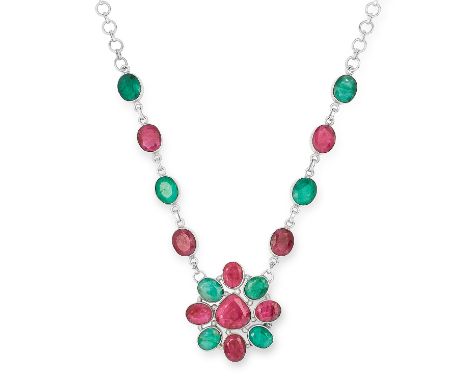 RUBY AND EMERALD NECKLACE, designed as a flower, 46.5cm, 46.7g. 