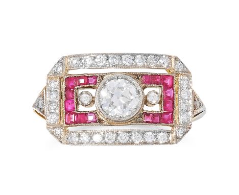 ART DECO RUBY AND DIAMOND RING set with old cut diamonds and step cut rubies, size O / 7, 3.1g.