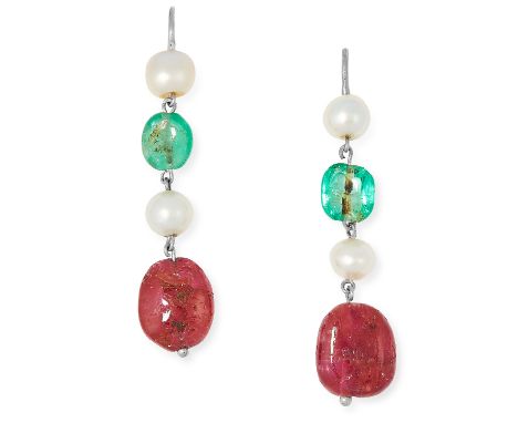 NATURAL PEARL, EMERALD AND RUBY DROP EARRINGS each set with two pearls and a polished emerald and ruby bead, 4.2cm, 5.6g. Acc