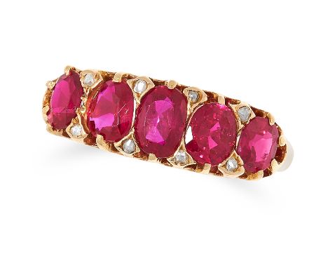 1.59 CARAT BURMA NO HEAT RUBY AND DIAMOND RING set with five oval cut rubies totalling 1.59 carats with diamond sparks, size 