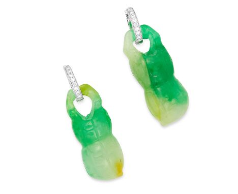 CARVED JADE AND DIAMOND EARRINGS each comprising of a hoop set with round cut diamonds suspending a carved jade drop, 3.2cm, 