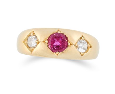 ANTIQUE RUBY AND DIAMOND THREE STONE RING set with a round cut ruby of approximately 0.68 carats between two old cut diamonds