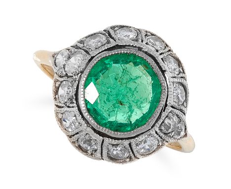 2.08 CARAT EMERALD AND DIAMOND CLUSTER RING set with a round cut emerald of approximately 2.08 carats in a border of round cu