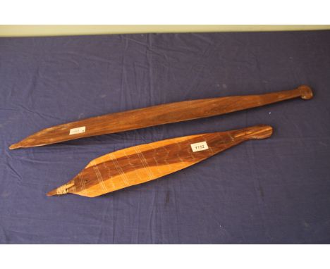 Two various Australian First Nation Mulga wood woomeras (spear throwers), (losses to both), 82cm and 56cm respectively