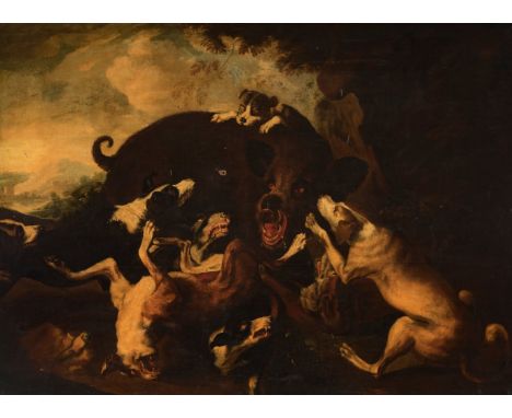 Spanish school following models by PAUL DE VOS (Antwerp, 1591/95 - 1678); 17th century."The hunting of the wild boar".Oil on 
