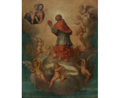 Spanish school, 18th century."Saint Charles Borromeo before the Virgin and Child".Oil on copper.Measurements: 41 x 33 cm; 56 