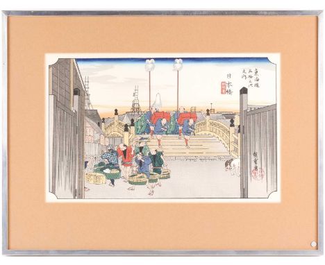 Ando Hiroshige (1797 - 1858), Nihonbashi, Morning Scene', published by Takemago Tsuruki, woodblock colour print, obanConditio