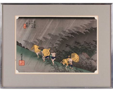 Utagawa Hiroshige (1797 - 1858), Sudden Shower at Shono -Juku, the 45th of the 53 Stations of Tokaido, censors kiwame seal, p