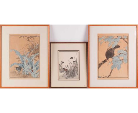 Kono Bairei (1844 - 1895), a woodblock print of a wading bird amongst blossoming Iris, 22 x 15.5cm; and two woodblock prints 