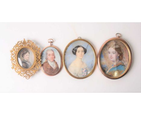 An early 19th century portrait miniature on ivory of a gentleman, housed in a gilt metal oval frame with woven hair verso, (7