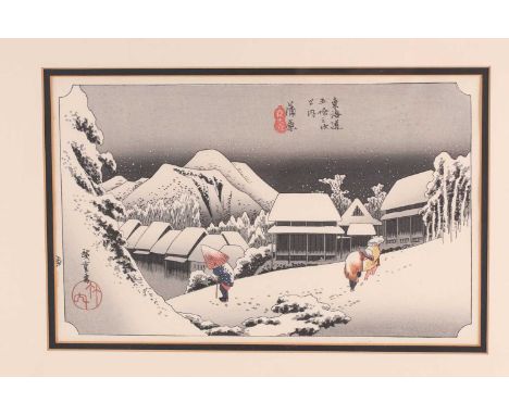 Ando Hiroshige (1797 - 1858), 'Evening Snow - Kanbara', station number 15 of the 53 Tokaido stations, published by Takeuchi, 