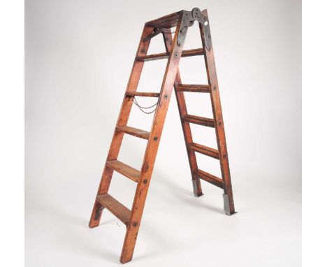 'The Handy Ladder', an early 20th century pine and wrought iron fitted, folding step ladder / ladder. 275cm extended.Conditio