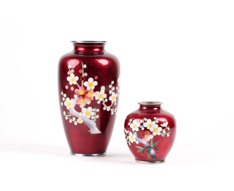 Two Japanese akasuke cloisonne vases, Showa period, each with plum blossom decoration against a pigeon blood ground, with chr