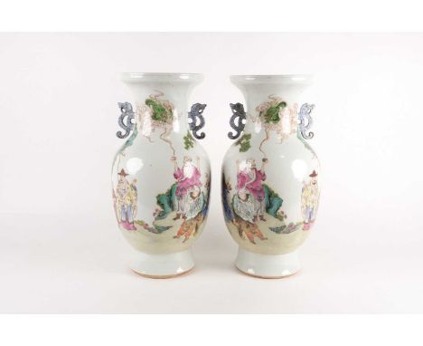 A pair of large Chinese Famille rose porcelain baluster vases with pieced cloud handles. Probably late Qing dynasty. Painted 