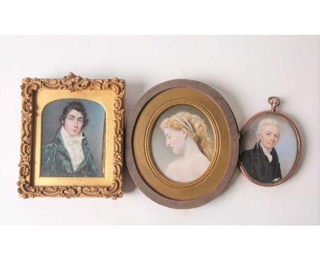 An early 19th century portrait miniature on ivory, in a leather case (12 cm x 10.7 cm, lacking cover), a label verso attribut
