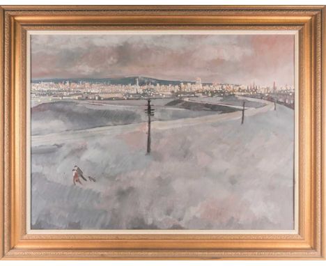 Harold Riley (b.1934) British, 'View of Manchester', a large oil on panel, signed and dated '71, 72 cm x 96 cm in a gilt fram