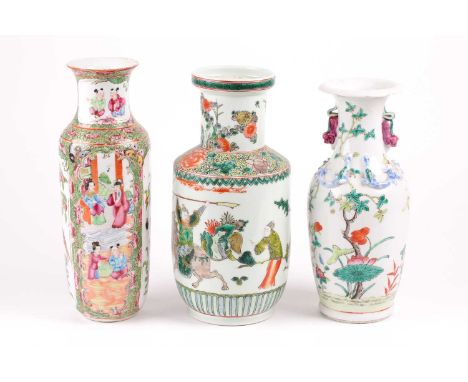 A Chinese famille verte rouleau vase, 19th century, the neck painted with bamboo and chrysanthemums on rockwork, the shoulder