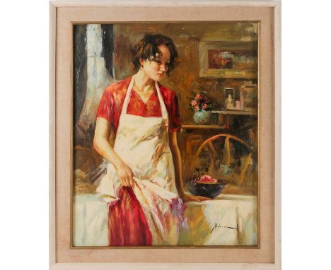 Pino Daeni (1939-2010) Italian/American, a three-quarter length portrait of a woman in a red dress and apron, oil on canvas l