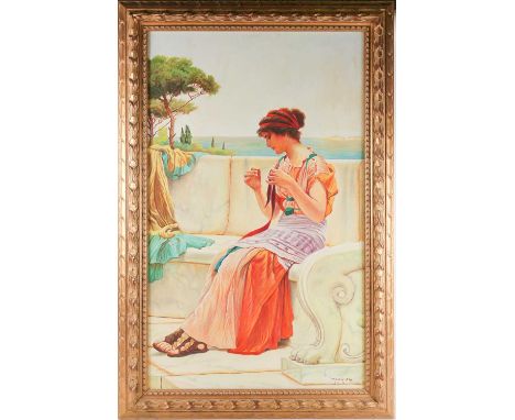 Nasser (20th century), a full-length portrait of a seated woman, in the manner of Lawrence Alma-Tadema, oil on canvas, 99 cm 
