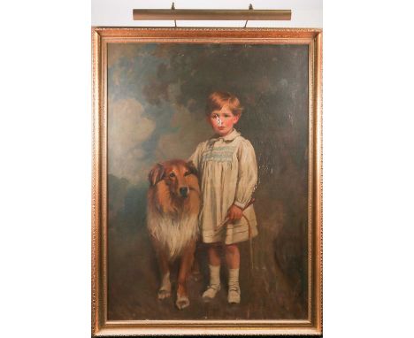 Early 20th-century school, a large full-length portrait of a young boy with a Rough Collie, unsigned oil on canvas, 131 cm x 