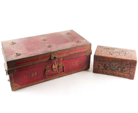 An early 20th century steel trunk by Appu Steel Trunk Co, 100 Serangoon Rd, Singapore, painted red with gilt banding, with ap