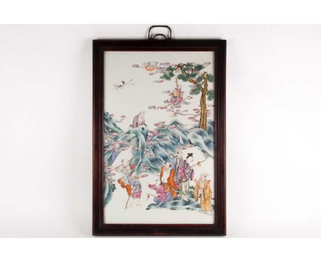 A large Chinese Famille rose porcelain rectangular plaque. Probably late Qing dynasty. Painted with figures including the god