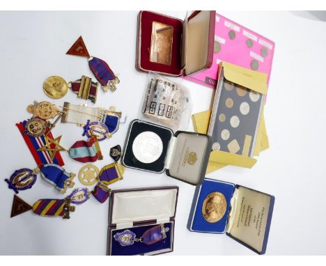 A collection of 20th century medals, old bank notes and coins to include 6 silver-gilt and coloured enamel merit badges from 