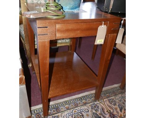 A pair of designer lamp tables, with single drawer and brass inlay, H.76 W.50 D.60cm